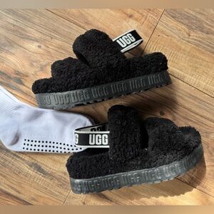UGG Black Fluffy Slide Sandals